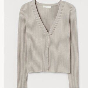 H&M Ribbed V-Neck Cardigan in Beige XL